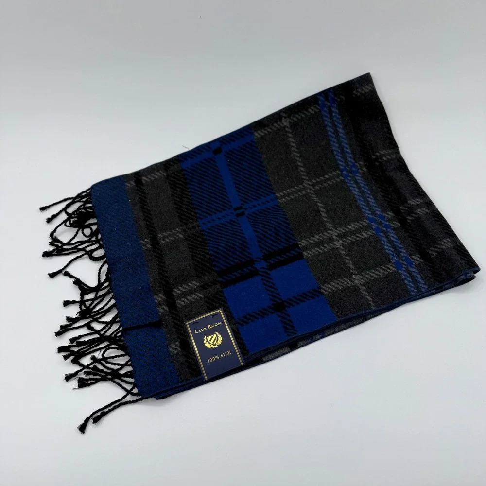 Club Room Mens 100% Silk Plaid Scarf Blue Grey Black Fringe 4103NVY469 NWT‎